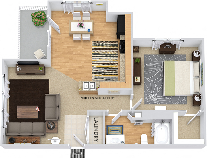 Floor plan for 1 bed, 1 bath, 761 sqft